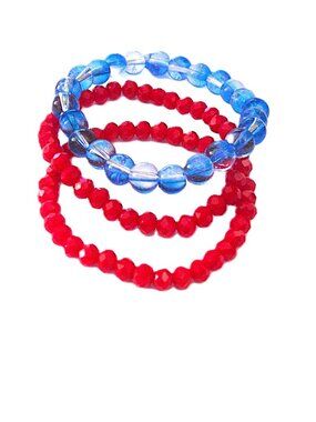 3 Glass Bead Stretch Band Bracelets - Patriotic Red, Blue